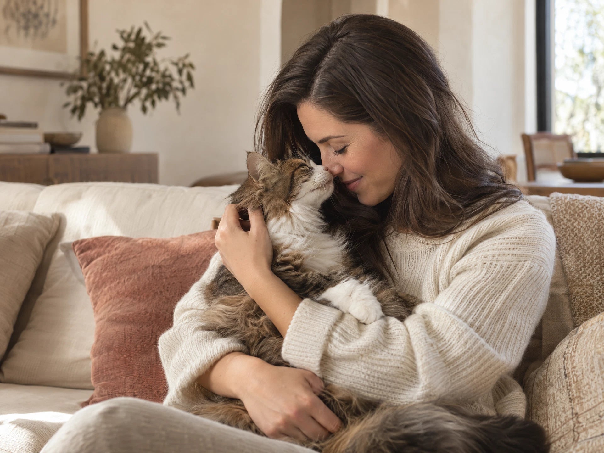 A woman sharing a tender moment with the tabby cat in her arms
