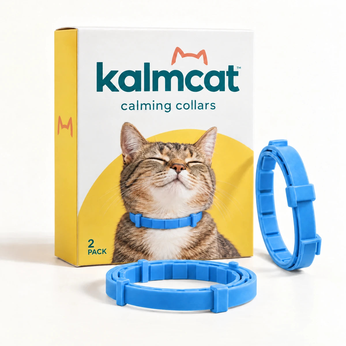 Styled Kalmcat white, teal and sunshine packaging with two blue silicone adjustable collars