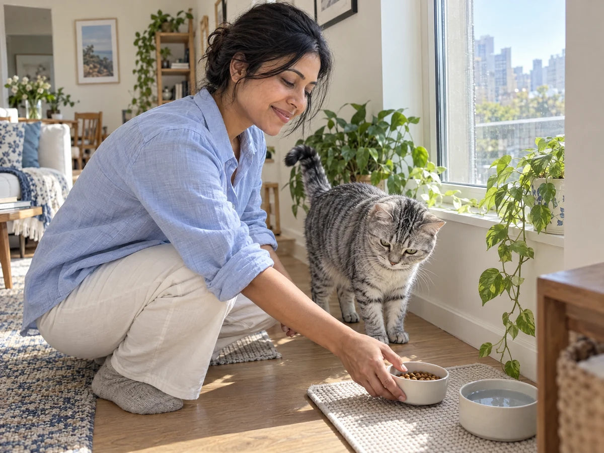 AI-generated illustrative side view of a woman preparing food beside a silver tabby, not a real customer