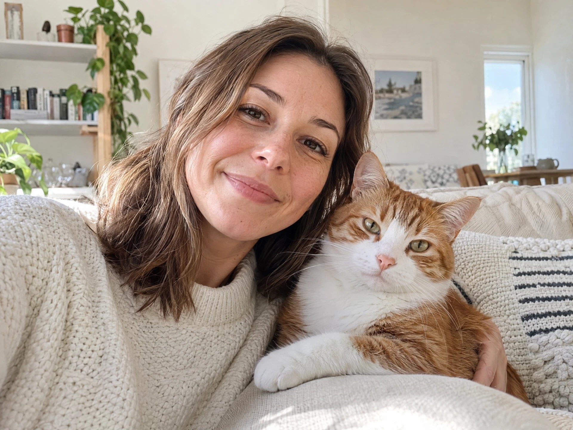 AI-generated illustrative woman with an orange-and-white cat, not a real customer