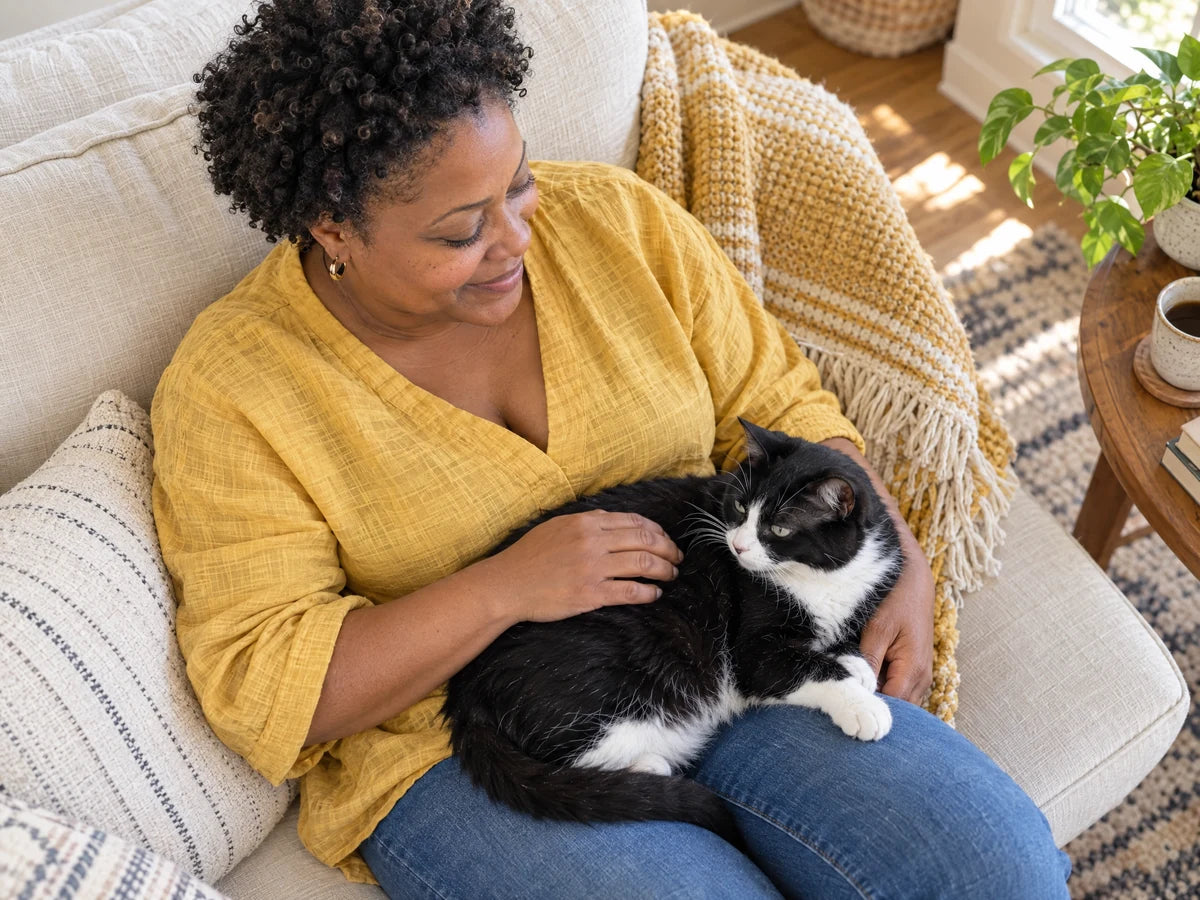 AI-generated illustrative above view of a woman relaxing with a tuxedo cat on her lap, not a real customer